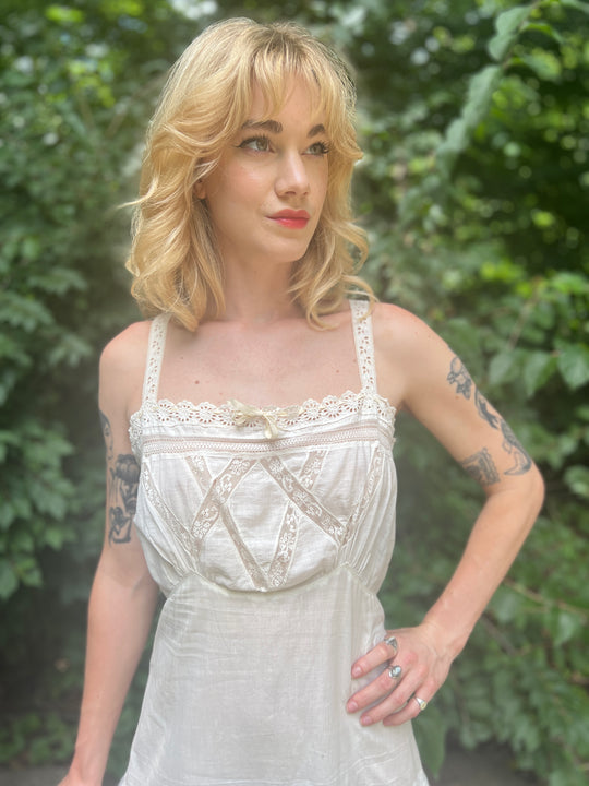 White Cotton Vintage Slip Dress, Eyelet and  Lace Trim