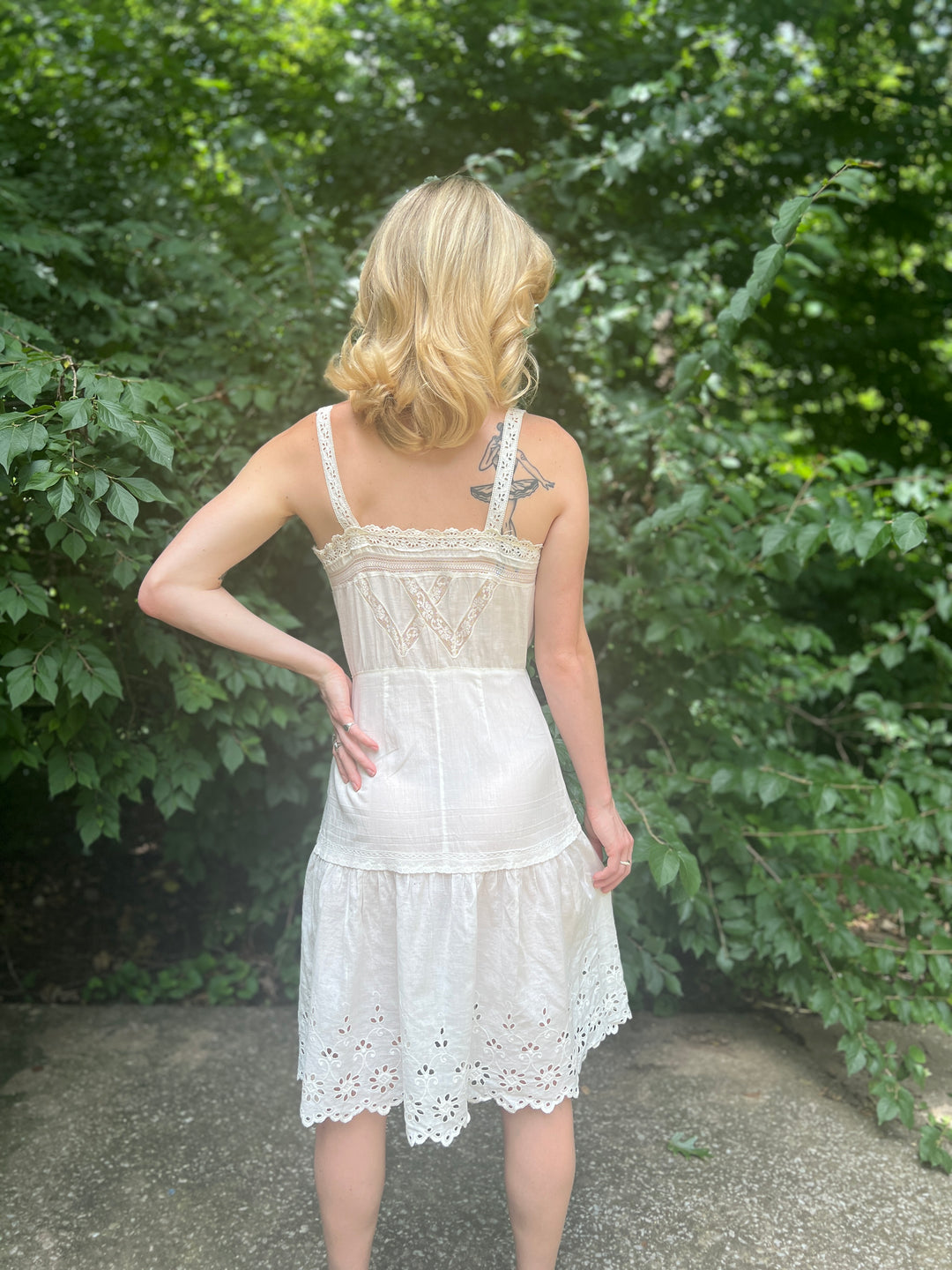 White Cotton Vintage Slip Dress, Eyelet and  Lace Trim