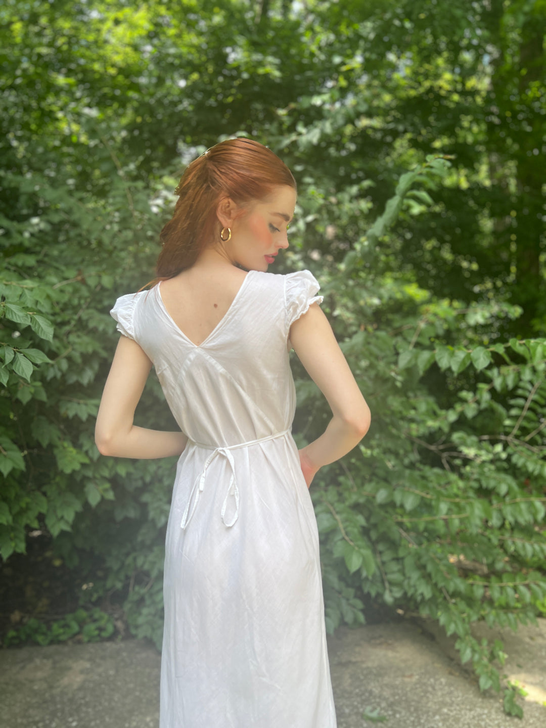 White Cotton Bias Cut Vintage Dress Gown, Cap Sleeves