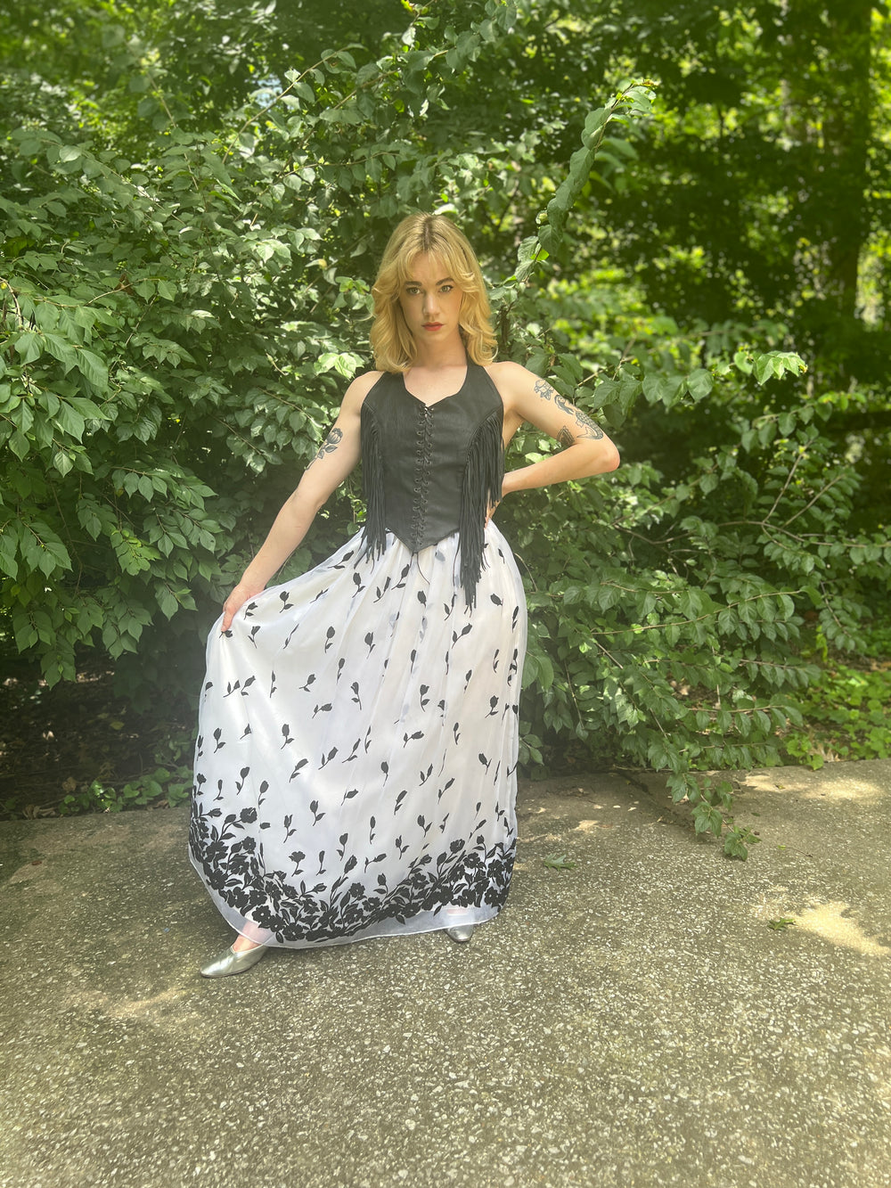 80s White Maxi Skirt, Black Floral flocking, Roberta