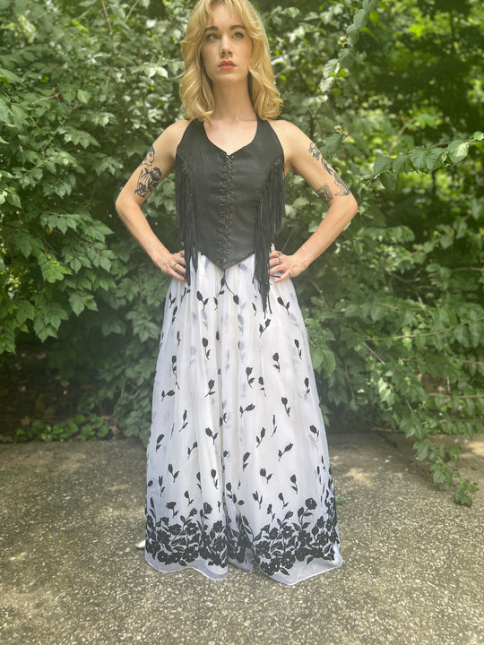 80s White Maxi Skirt, Black Floral flocking, Roberta