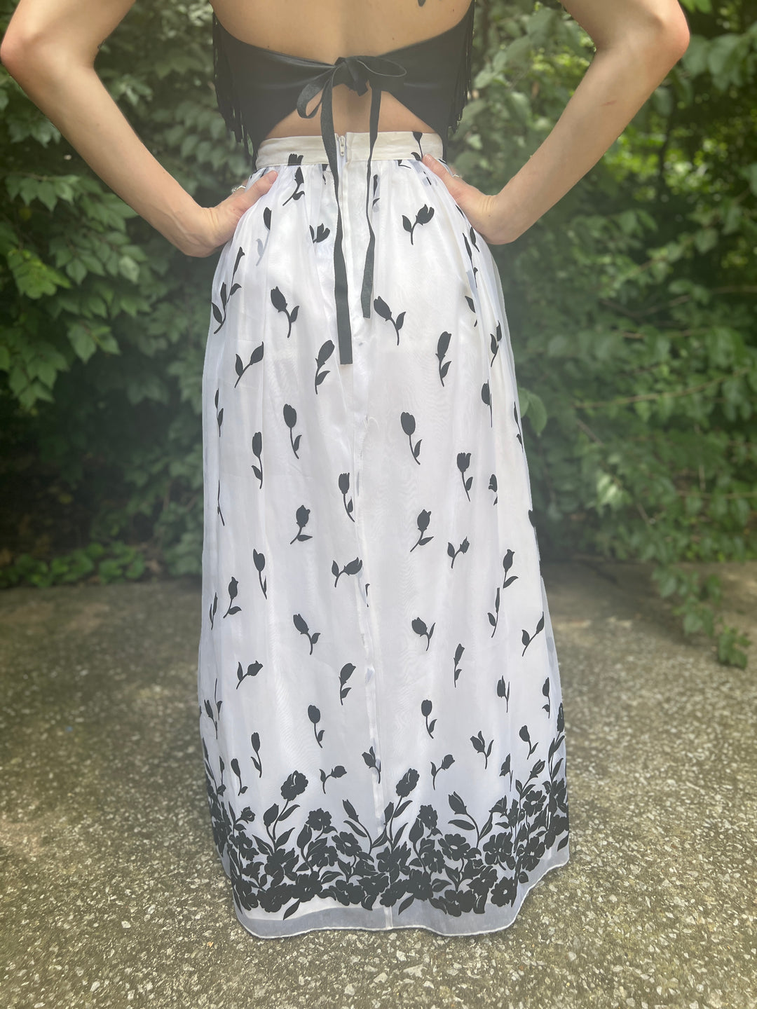 80s White Maxi Skirt, Black Floral flocking, Roberta