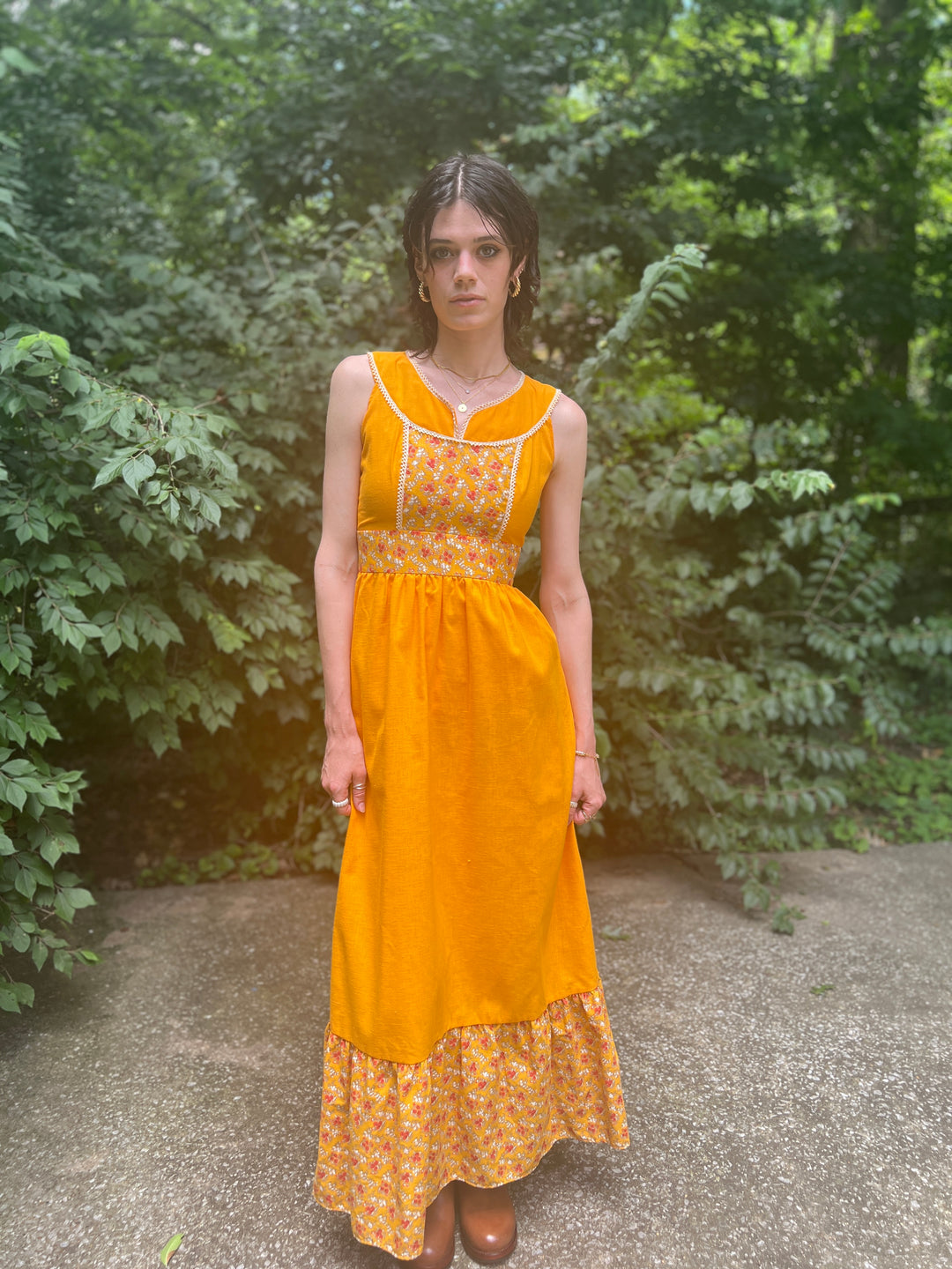 70s Orange Floral Cotton Maxi Dress