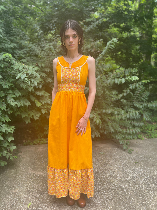 70s Orange Floral Cotton Maxi Dress