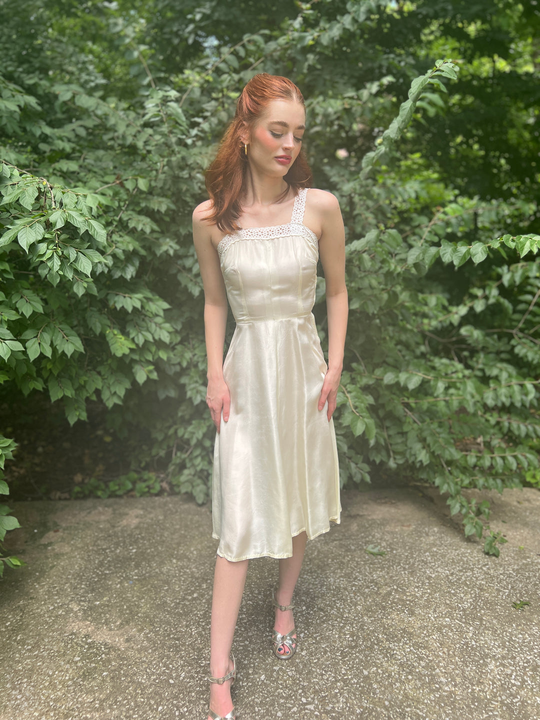 40s Ivory A-Line Slip Dress, Eyelet Trim 40s Ivory A-Line Slip Dress, Eyelet Trim