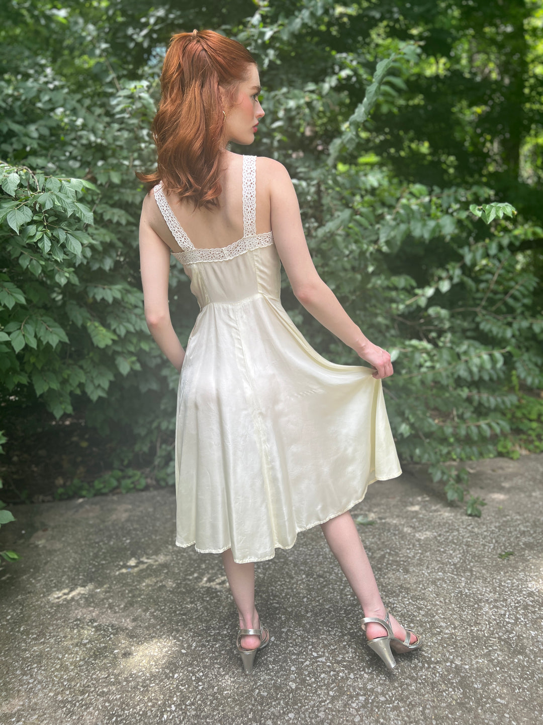 40s Ivory A-Line Slip Dress, Eyelet Trim 40s Ivory A-Line Slip Dress, Eyelet Trim