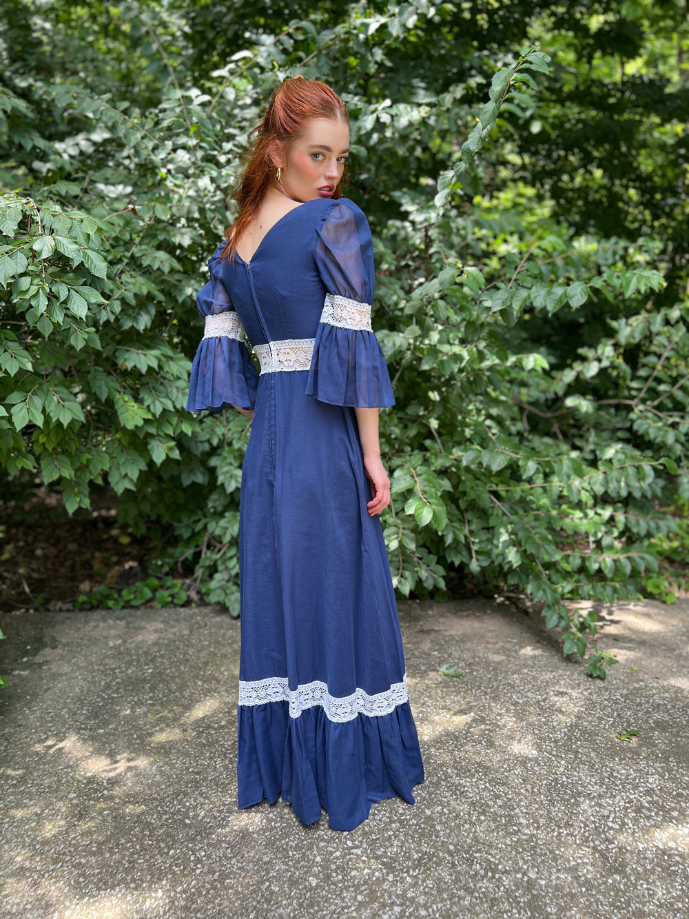 70s Blue Gunne Inspired Maxi Dress, White Crocheted Detail by Couriers