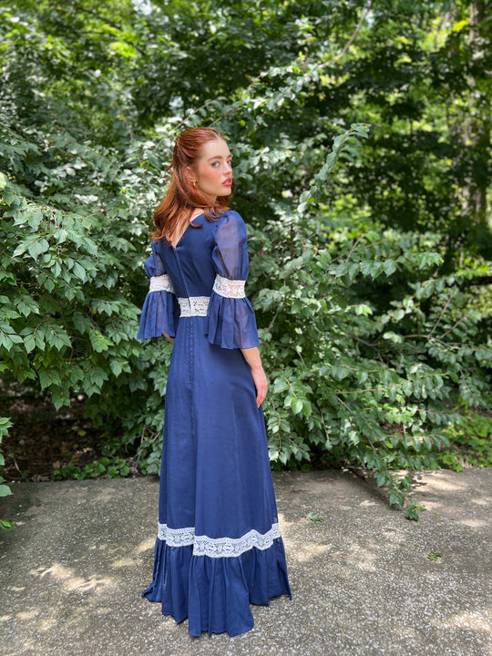 70s Blue Gunne Inspired Maxi Dress, White Crocheted Detail by Couriers