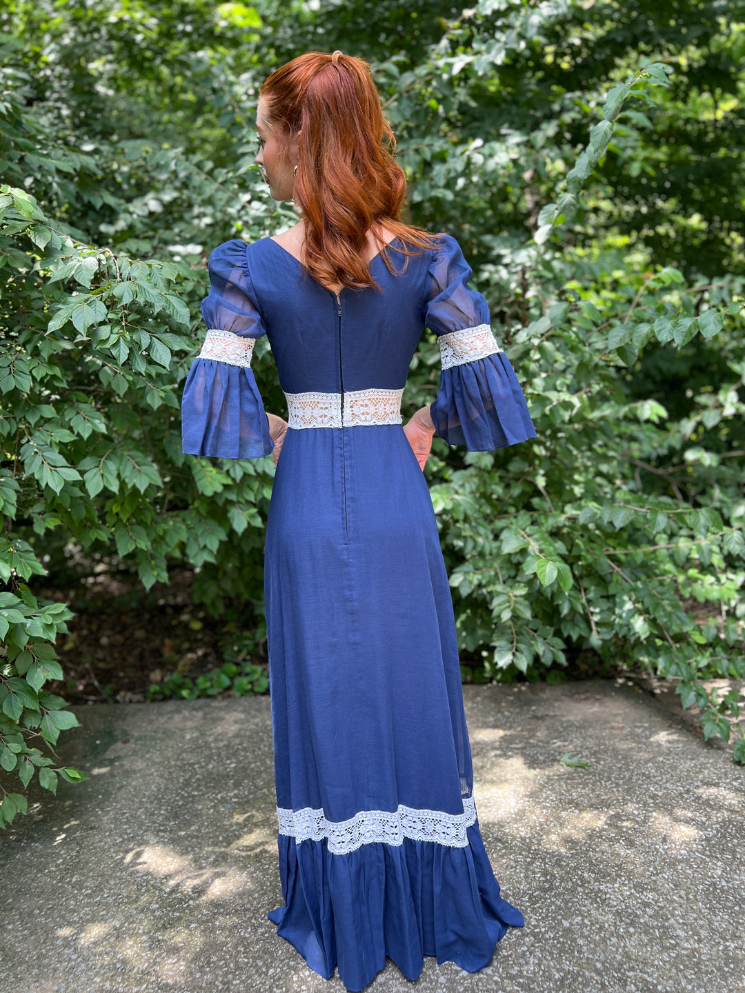 70s Blue Gunne Inspired Maxi Dress, White Crocheted Detail by Couriers