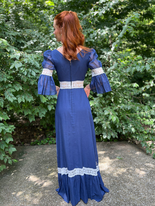 70s Blue Gunne Inspired Maxi Dress, White Crocheted Detail by Couriers