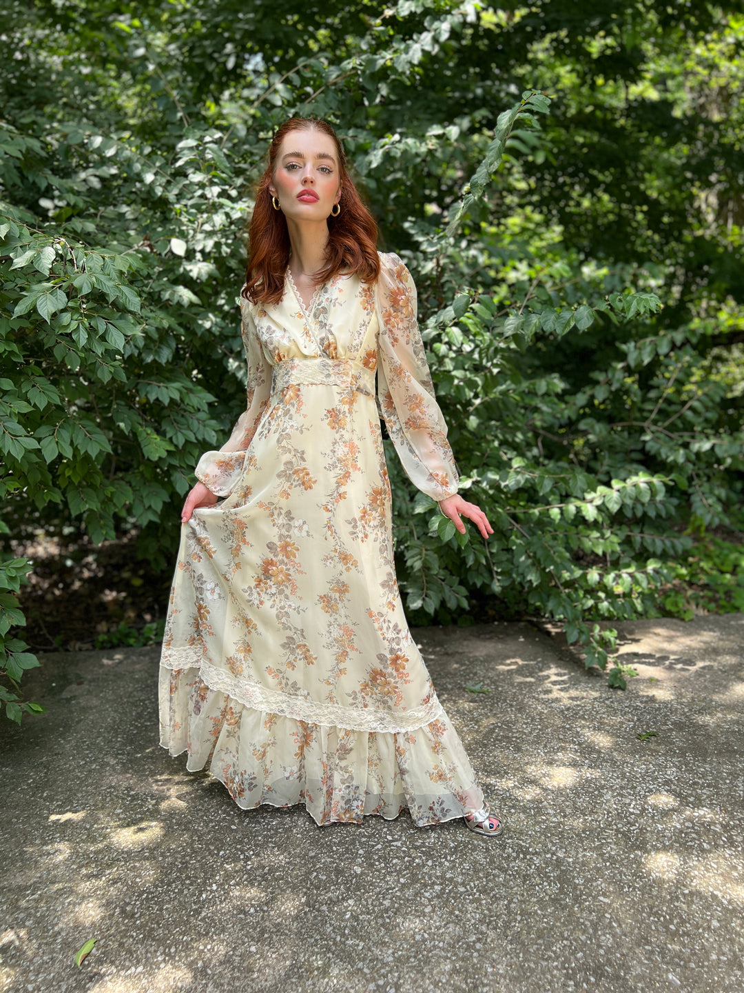 70s Gunne Inspired Cream Floral Nylon Maxi Dress