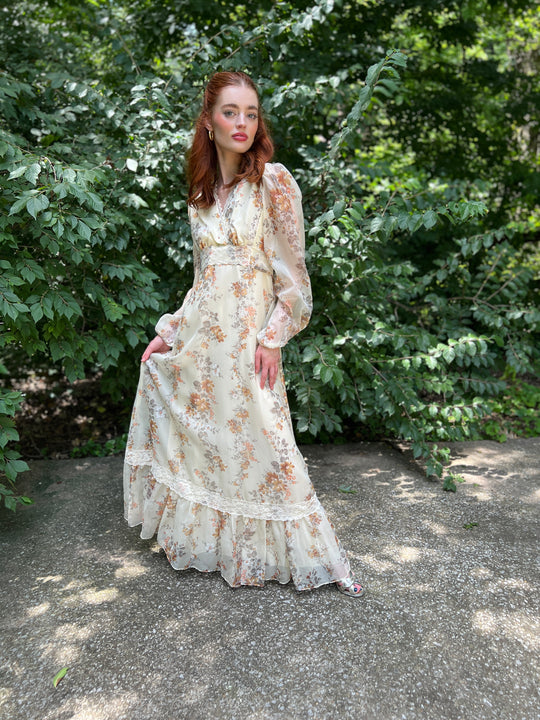 70s Gunne Inspired Cream Floral Nylon Maxi Dress