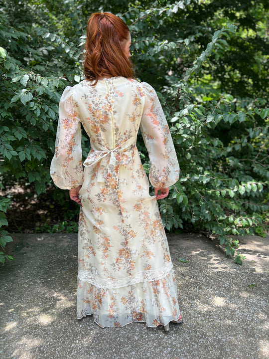 70s Gunne Inspired Cream Floral Nylon Maxi Dress