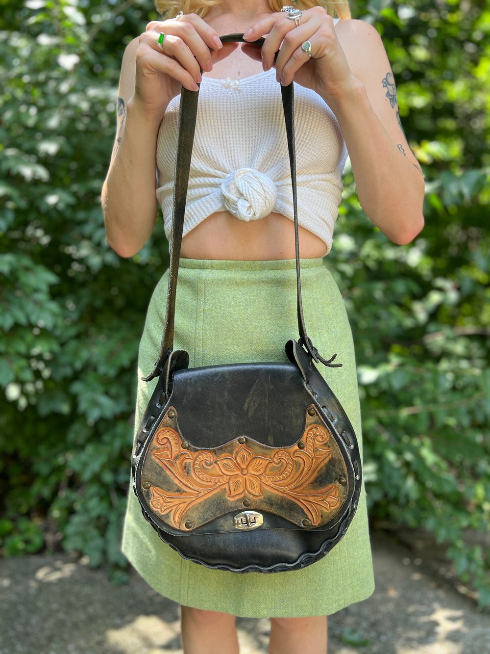 Vintage Black Tan Leather Tooled Saddle Bag Purse