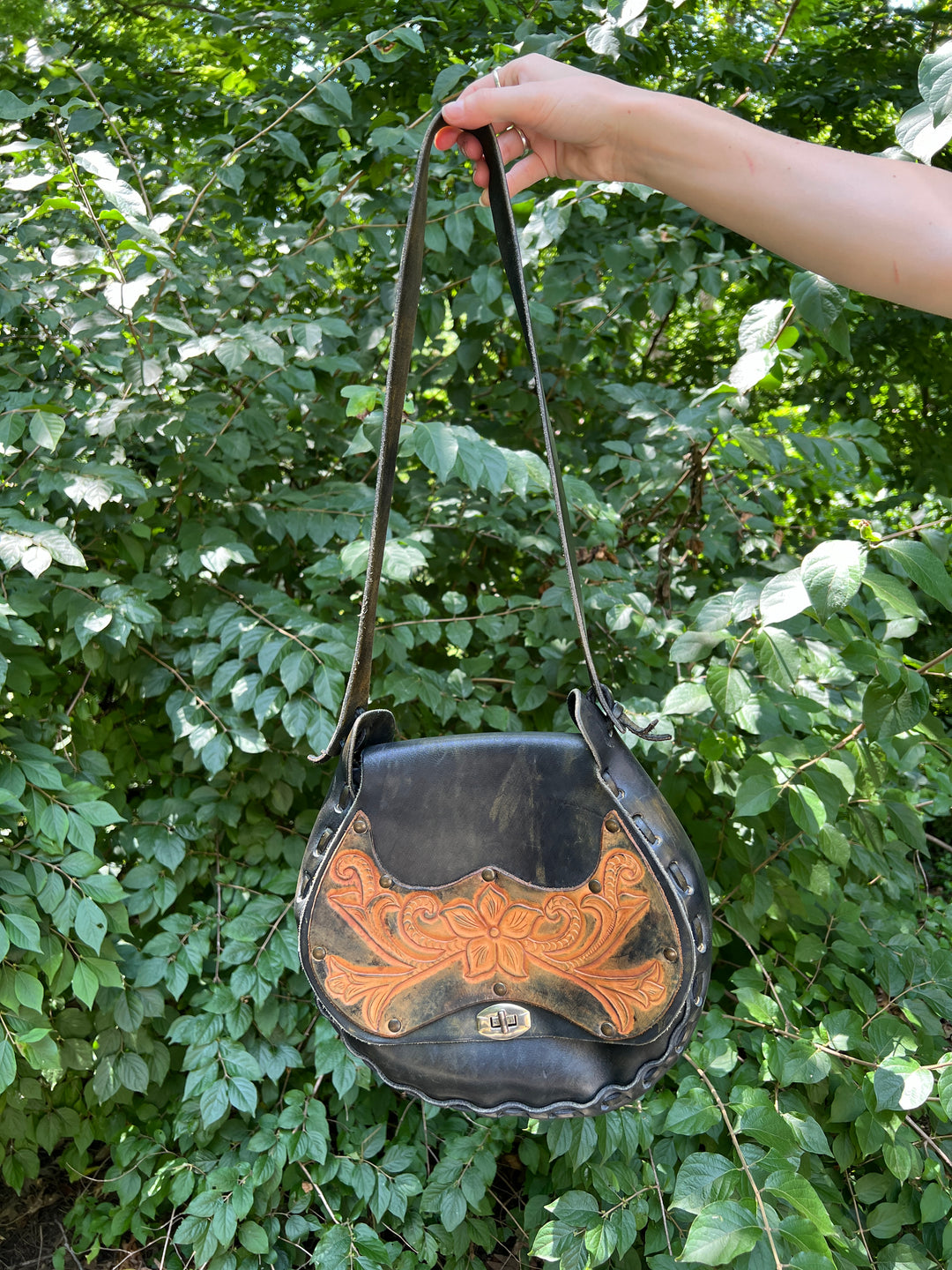 Vintage Black Tan Leather Tooled Saddle Bag Purse