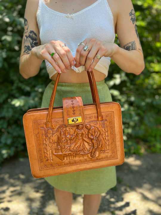 Vintage Mexican Tooled Leather Purse, Dancing Couple, Aztec Calendar