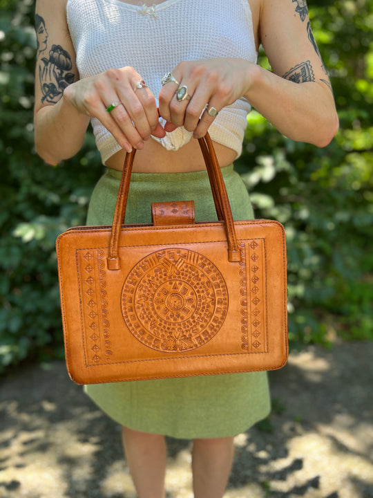 Vintage Mexican Tooled Leather Purse, Dancing Couple, Aztec Calendar