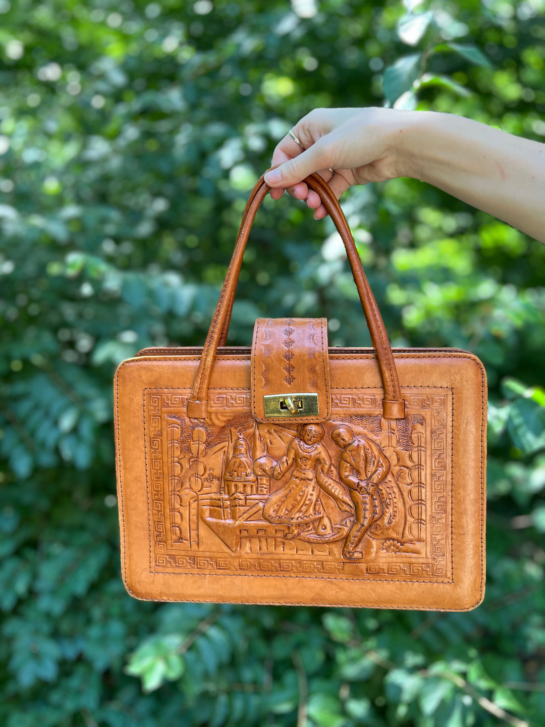 Vintage Mexican Tooled Leather Purse, Dancing Couple, Aztec Calendar