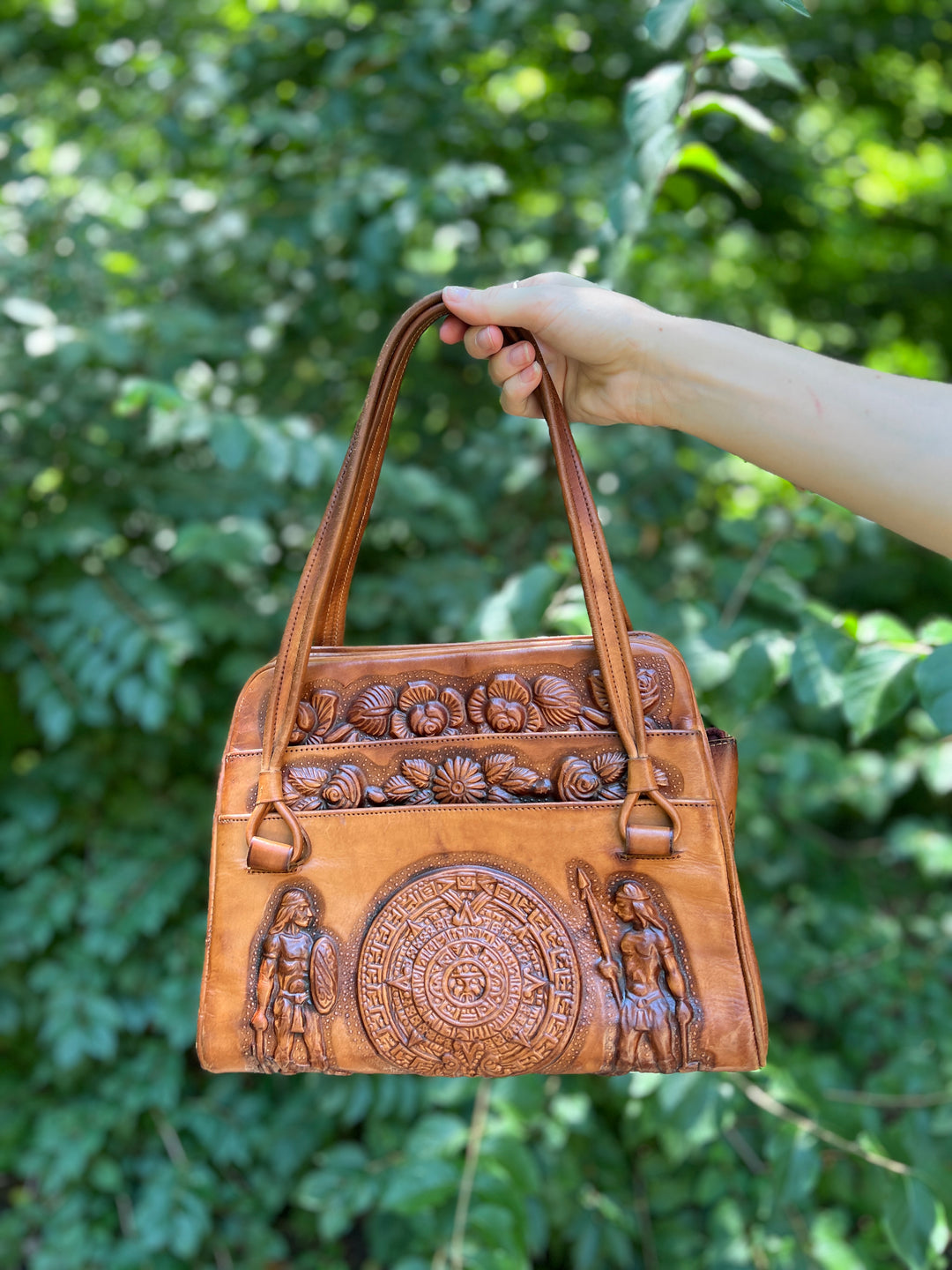 Vintage Mexican Tooled Leather Purse, Aztec, Flowers