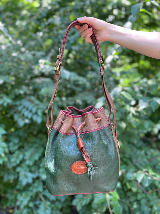 90s Green Tan Leather Bucket Purse Bag, Dooney & Bourke