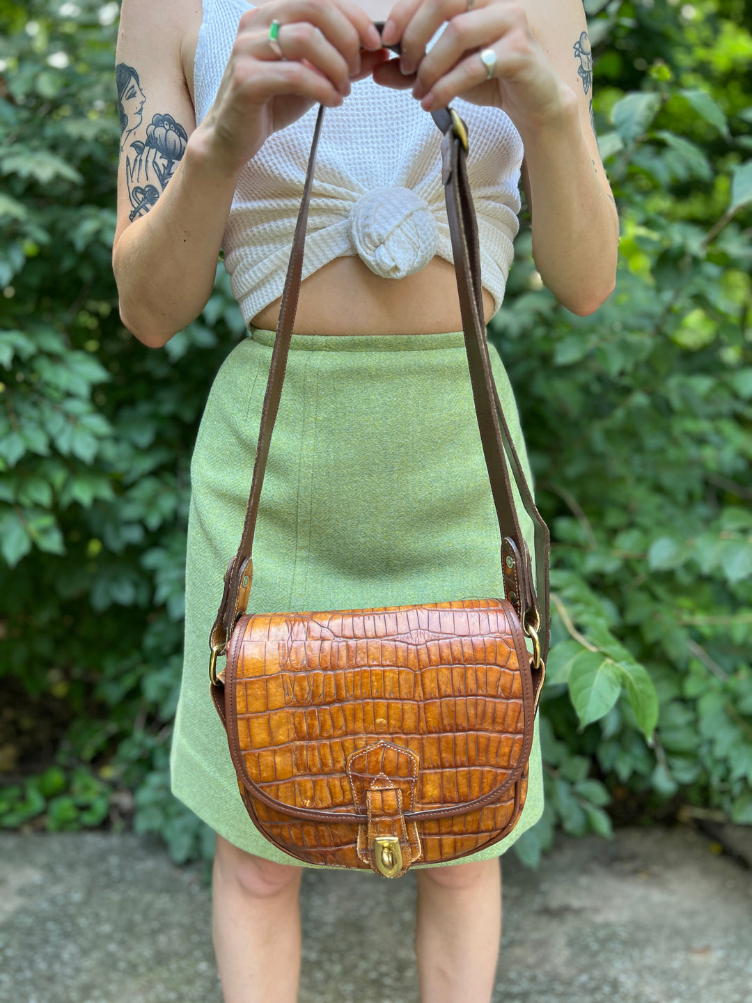 Vintage Brown Exotic Leather Stamped Saddle Bag Purse, Dooney & Bourke