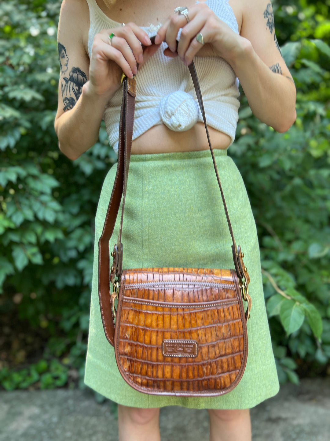 Vintage Brown Exotic Leather Stamped Saddle Bag Purse, Dooney & Bourke