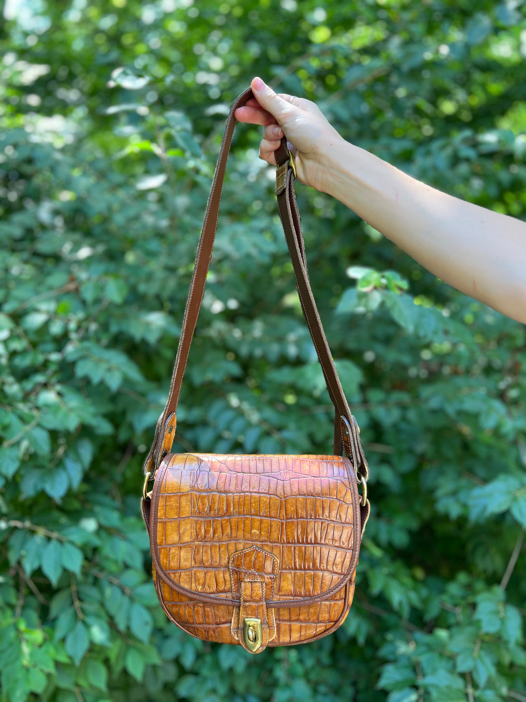 Vintage Brown Exotic Leather Stamped Saddle Bag Purse, Dooney & Bourke