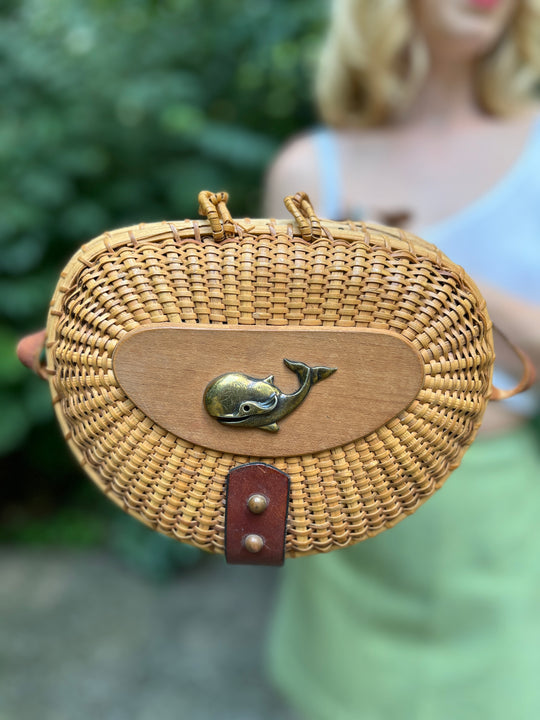 Vintage Wicker Fishing Purse with Whale, Etienne Aigner