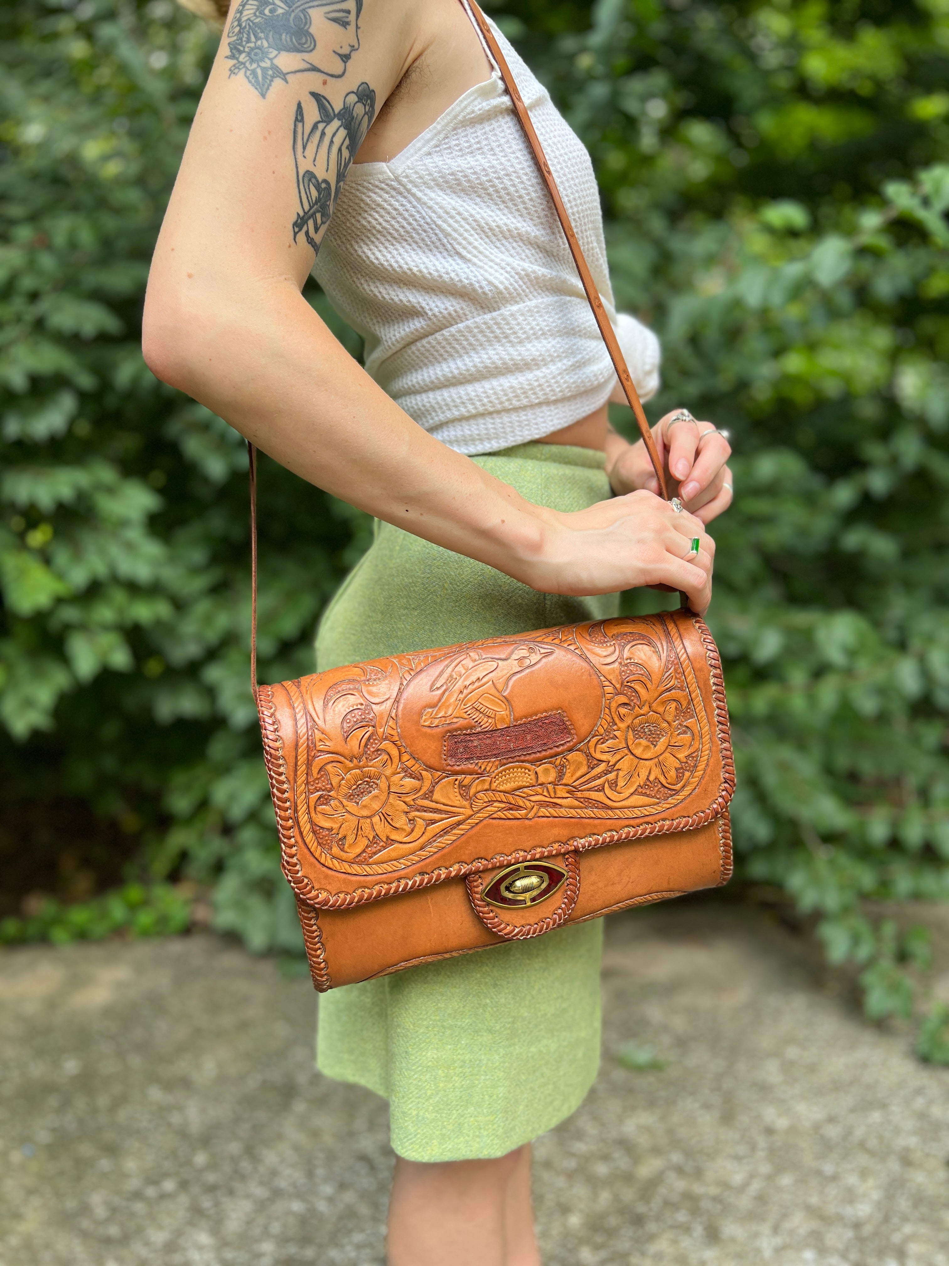 Vintage hand tooled leather purse sale