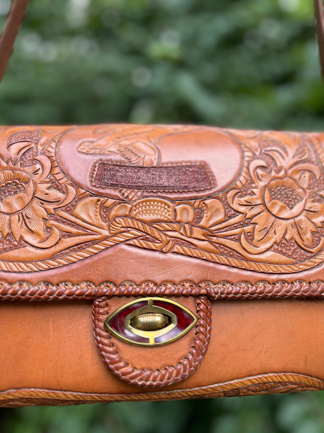 Vintage Mexican Tooled Leather Purse, Birds, Rodeo Scene