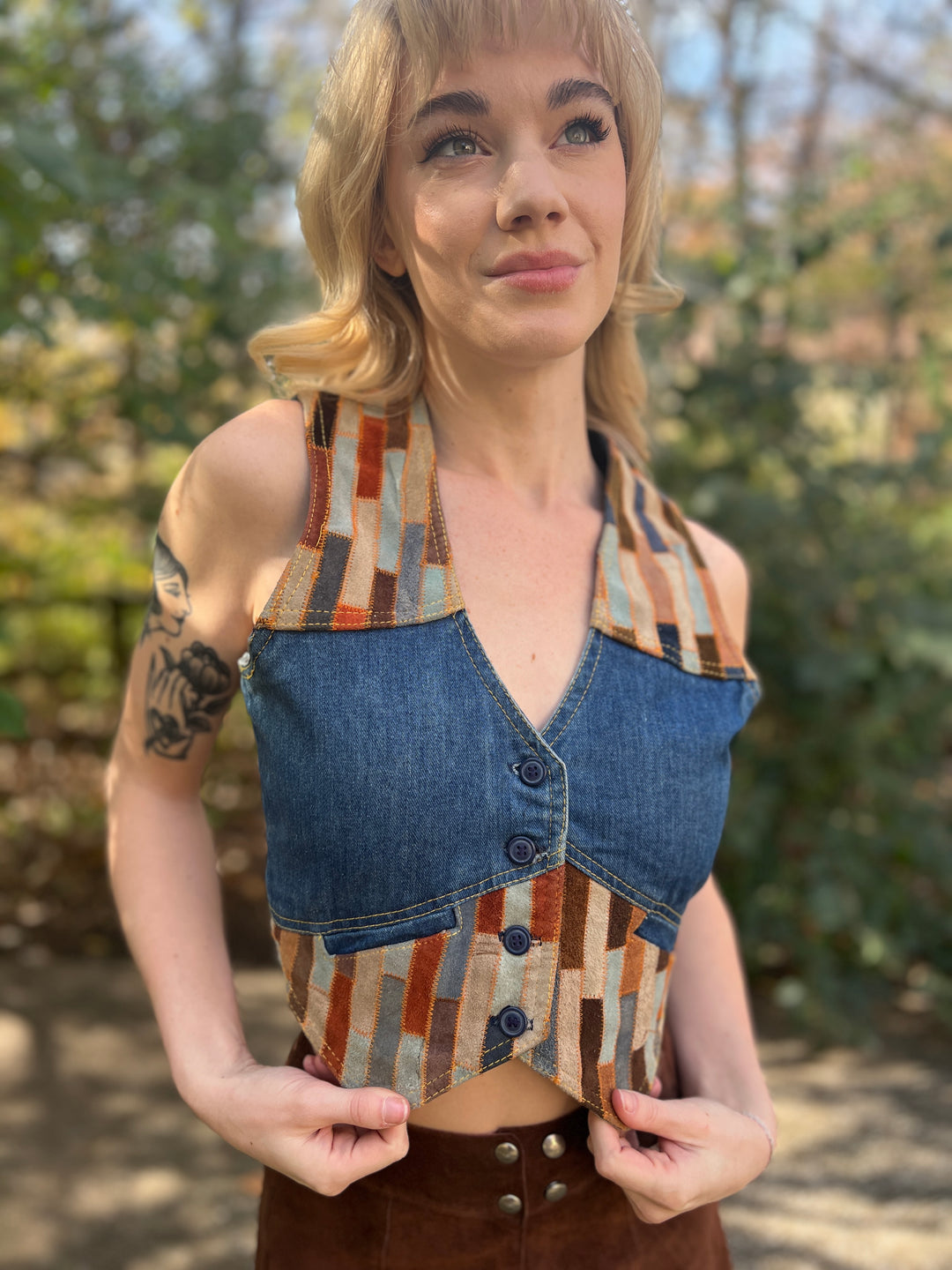 70s Vintage Denim Suede Patchwork Vest, Fredrick's