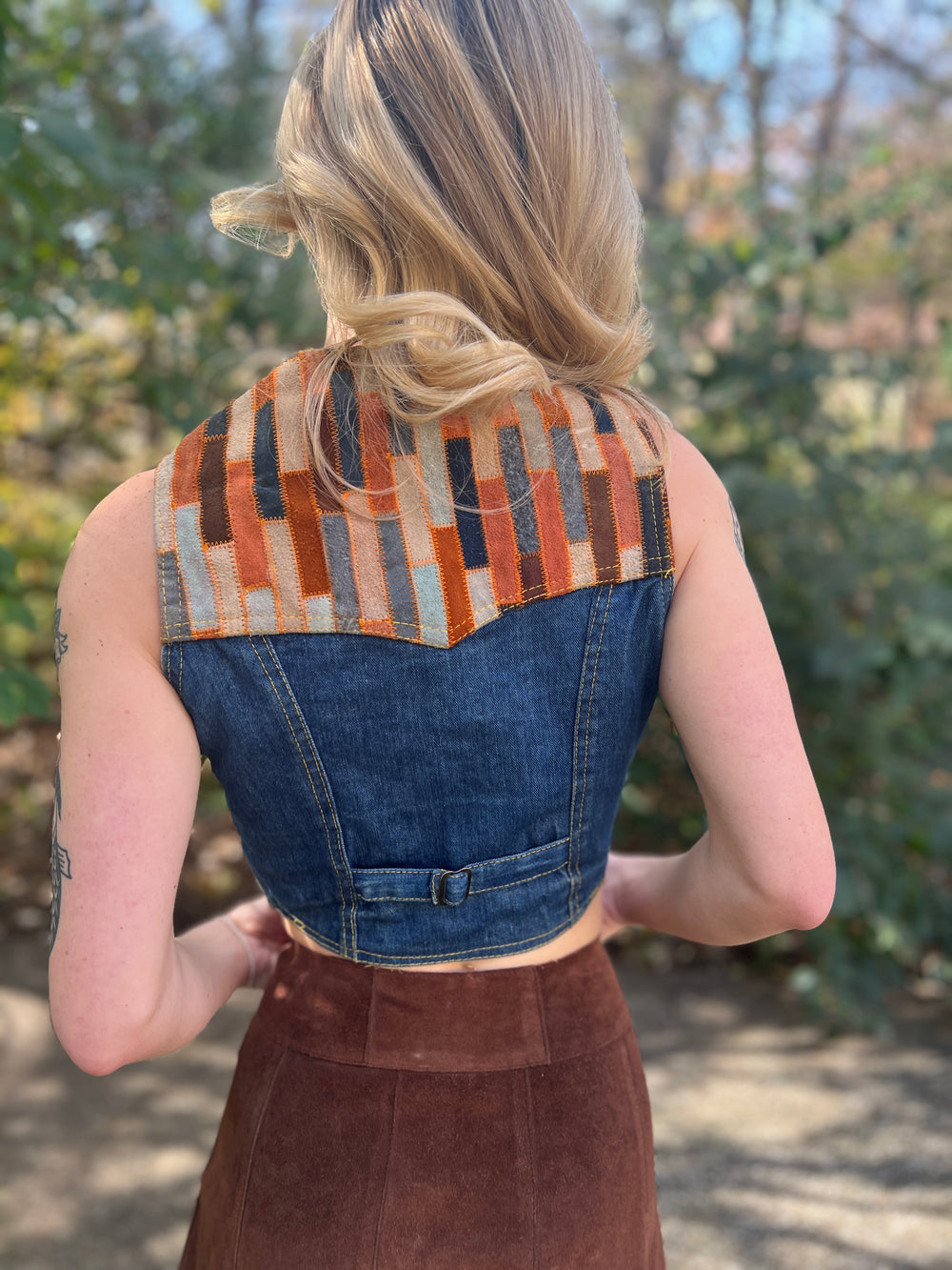 70s Vintage Denim Suede Patchwork Vest, Fredrick's