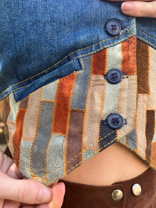 70s Vintage Denim Suede Patchwork Vest, Fredrick's