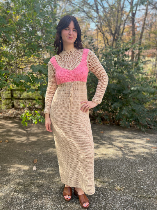 60s Ivory Pink Crocheted Maxi Dress