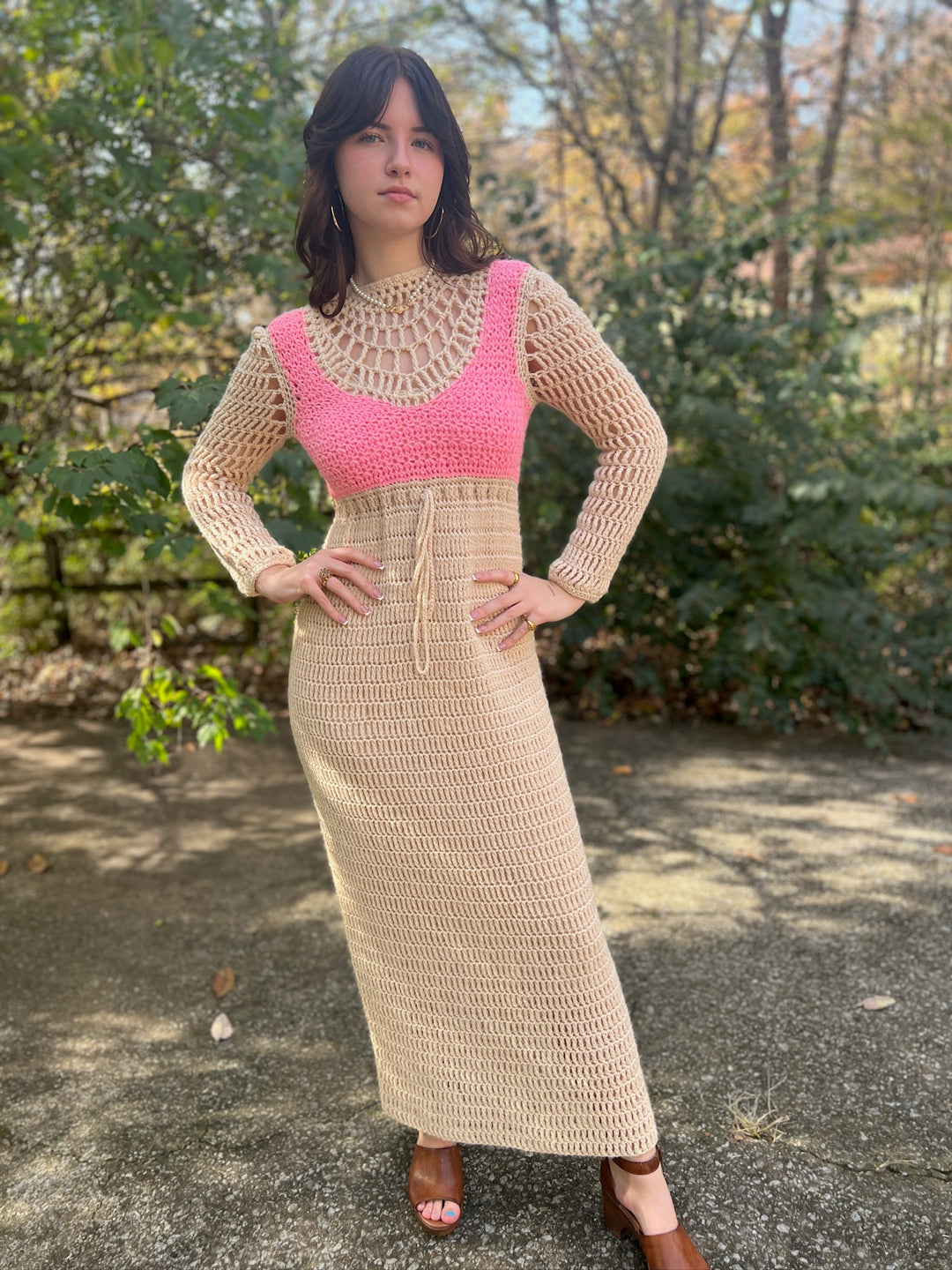 60s Ivory Pink Crocheted Maxi Dress