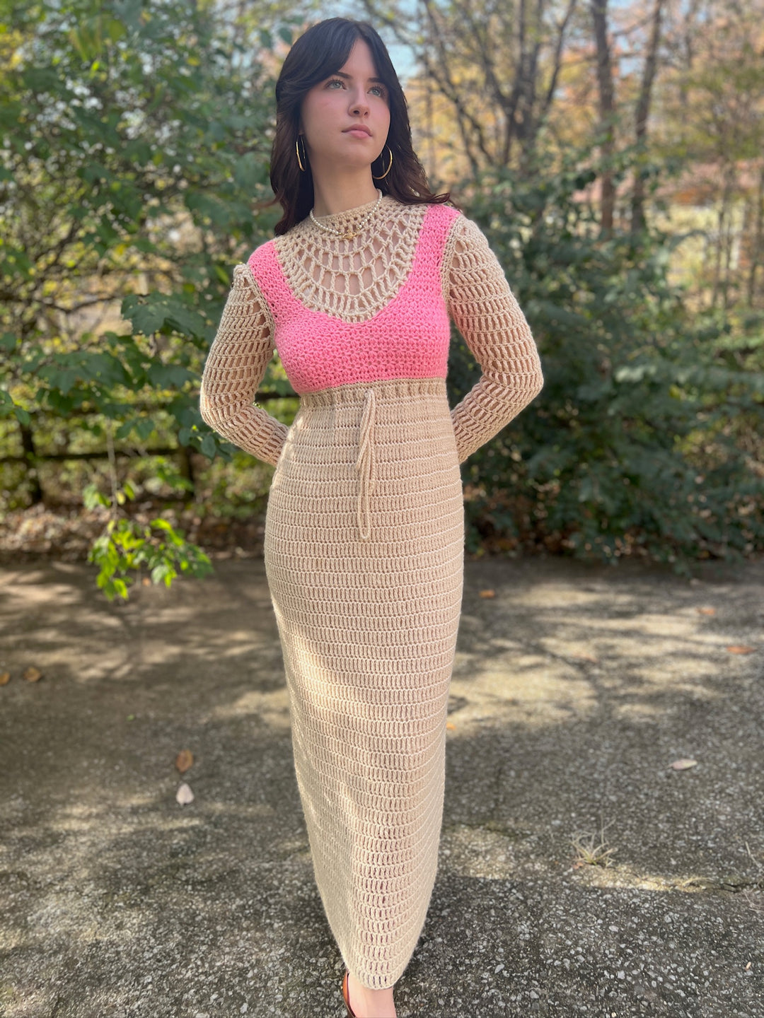 60s Ivory Pink Crocheted Maxi Dress