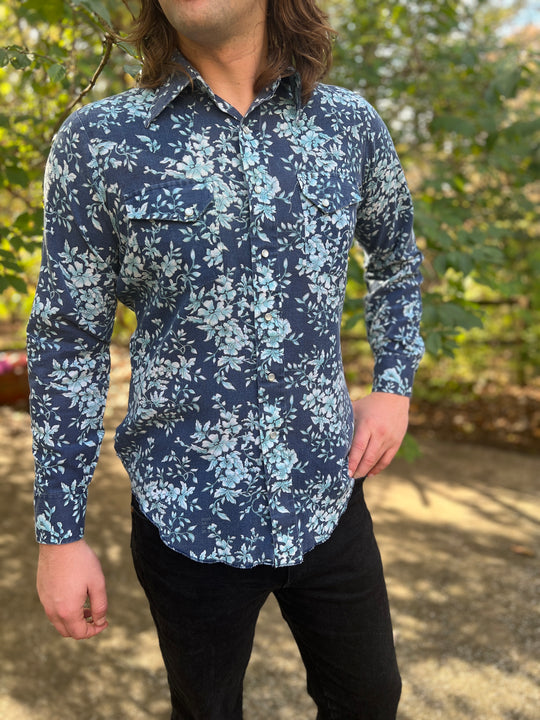 Mens 70s Blue Floral Western Shirt Out West By Campus