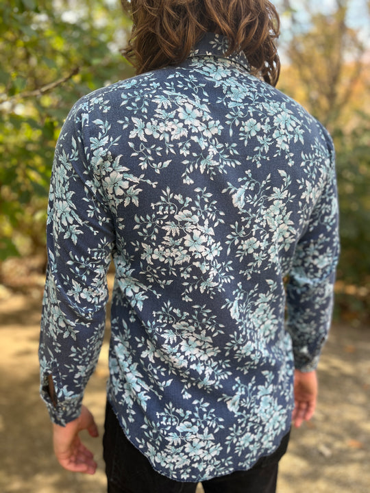 Mens 70s Blue Floral Western Shirt Out West By Campus