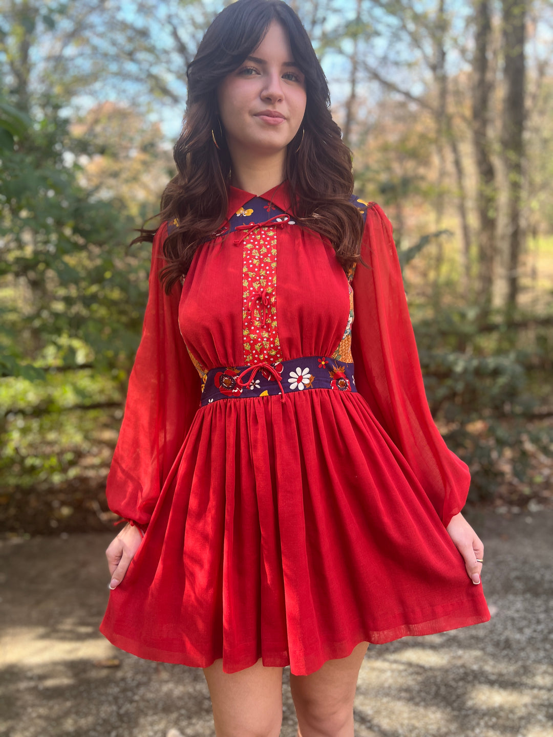 70s Red Blue Calico Floral Hippy Dress, Lisa Jo