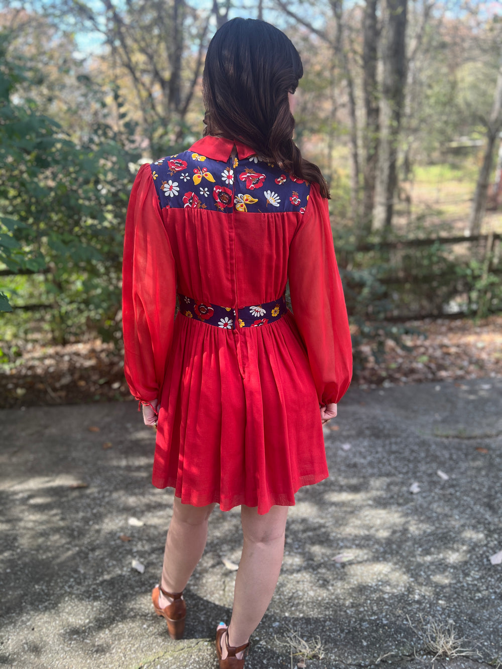 70s Red Blue Calico Floral Hippy Dress, Lisa Jo