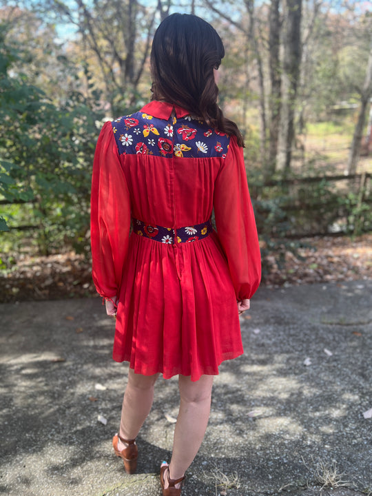 70s Red Blue Calico Floral Hippy Dress, Lisa Jo