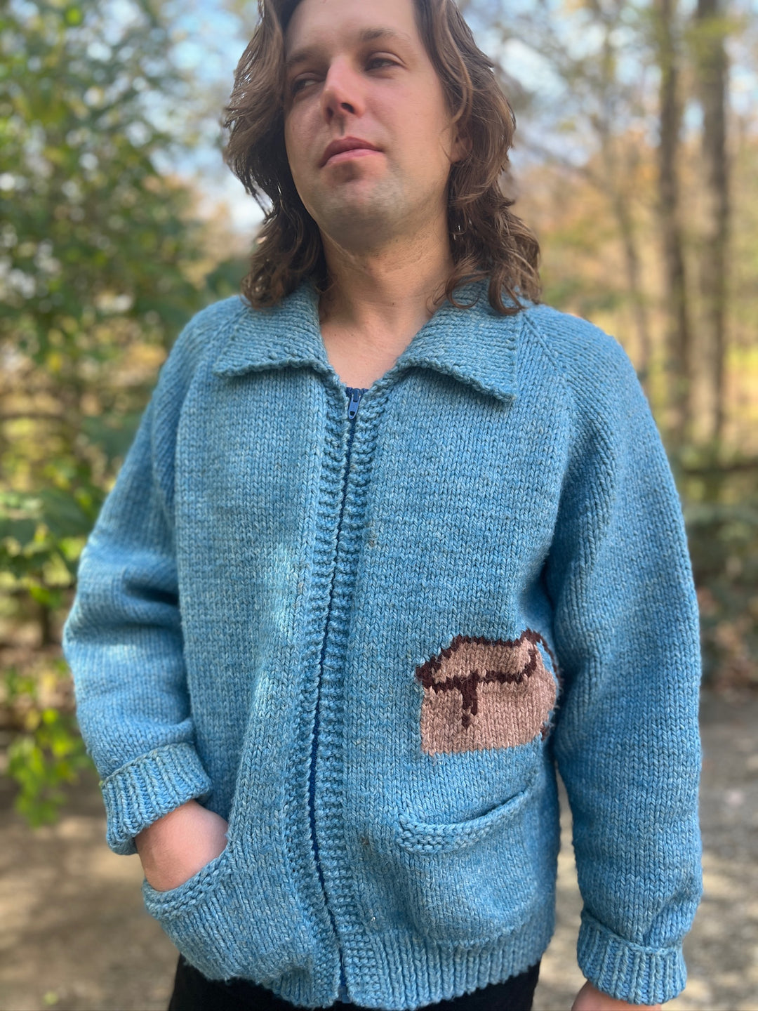 Mens Vintage Light Blue Cowichan Fishing Sweater