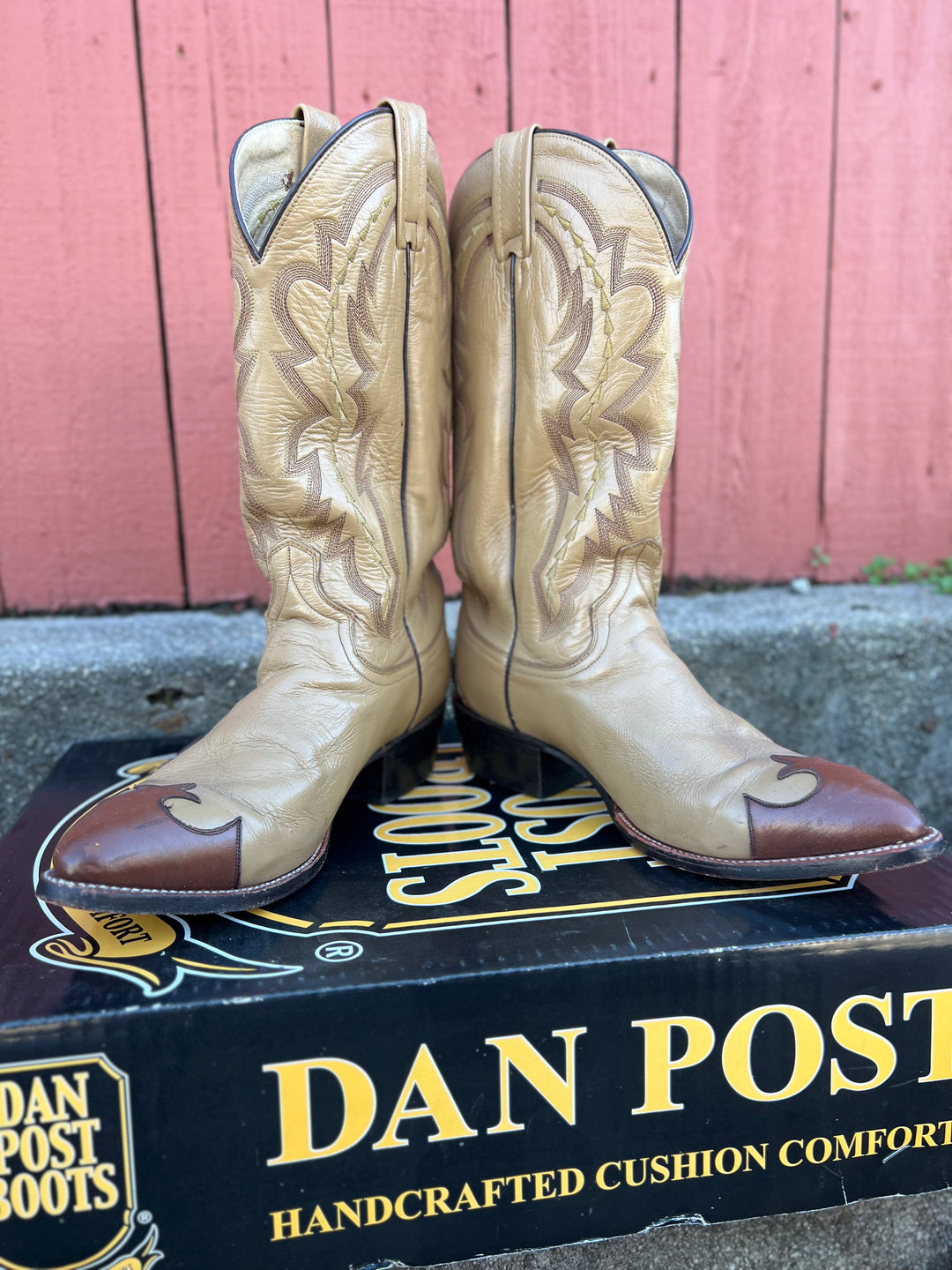 Men's Vintage Tan Western Cowboy Boots Brown Fleur Trim, Dan Post