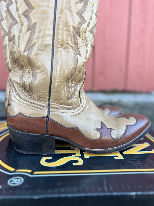 Men's Vintage Tan Western Cowboy Boots Brown Fleur Trim, Dan Post