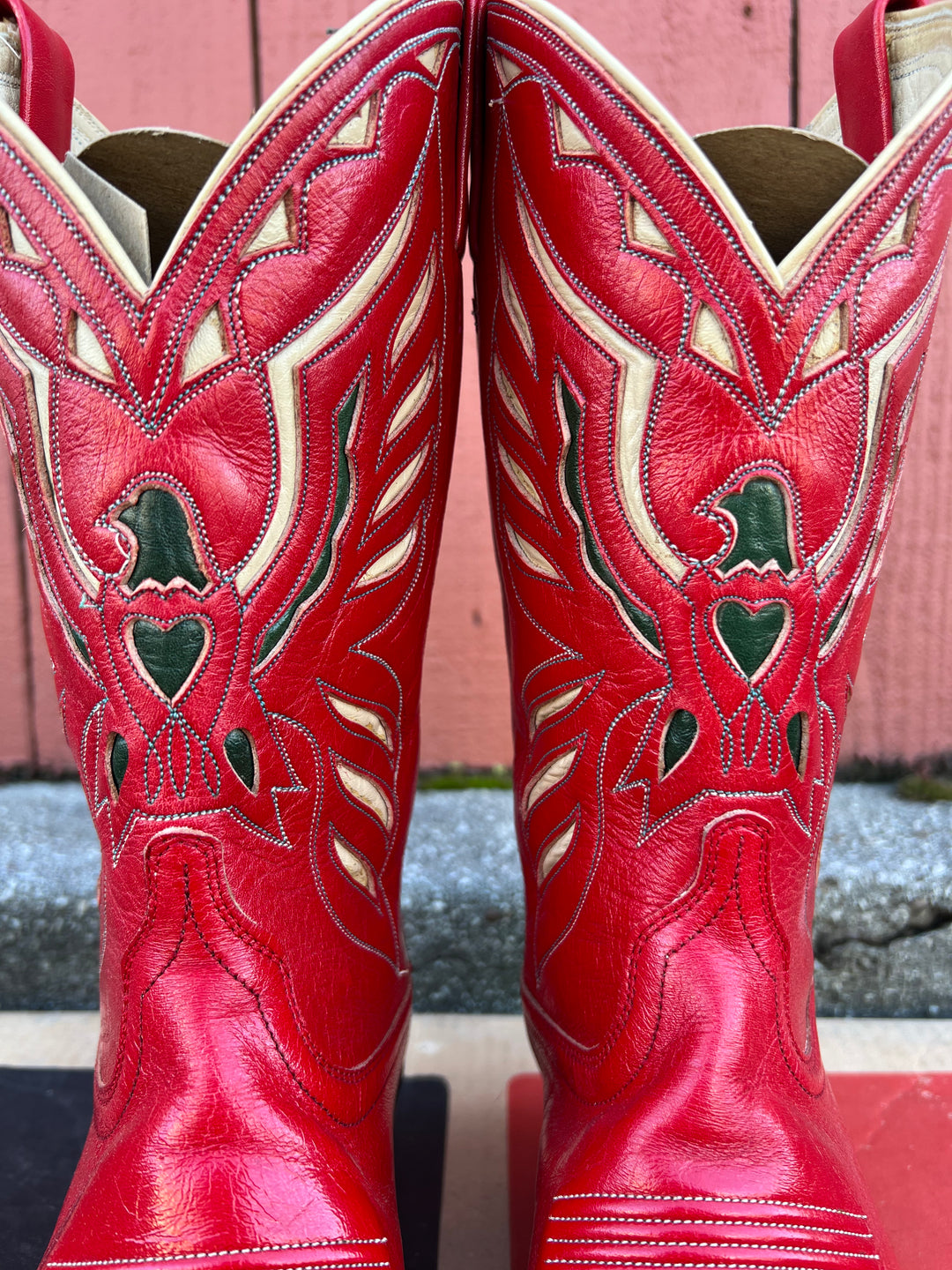Red knee high cowboy top boots