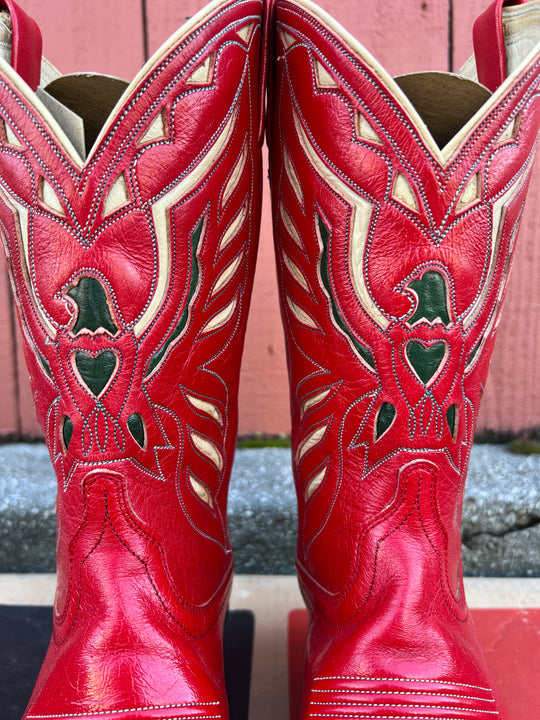 Vintage Red Western Cowboy Boots Thunderbird Inlay, Ralph Lauren