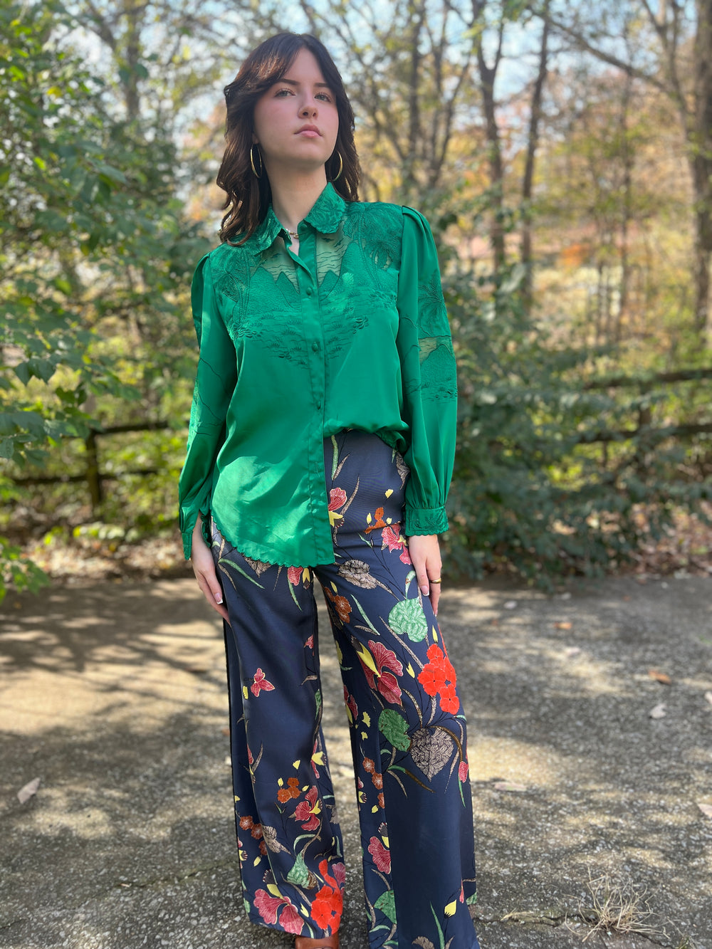 80s Vintage Green Ornate Dress Blouse