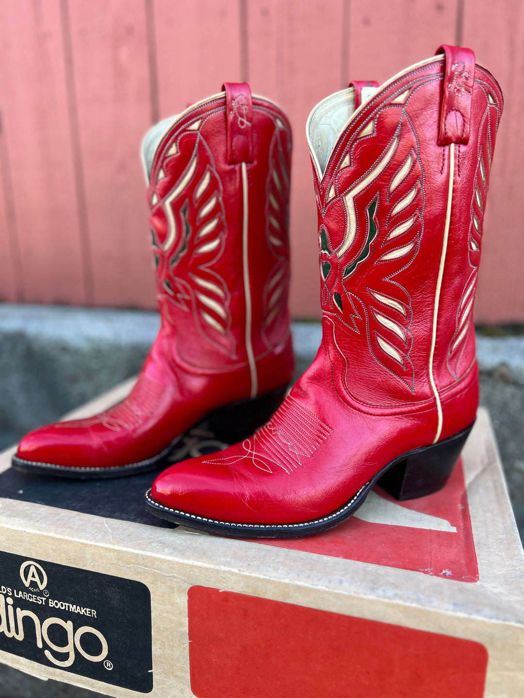Vintage Red Western Cowboy Boots Thunderbird Inlay, Ralph Lauren