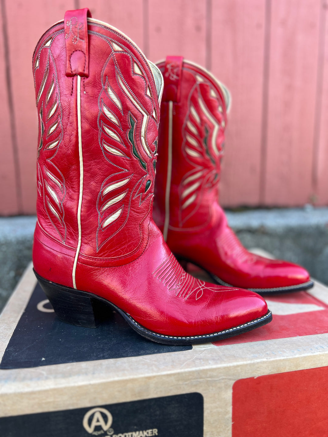 Vintage Red Western Cowboy Boots Thunderbird Inlay Ralph Lauren