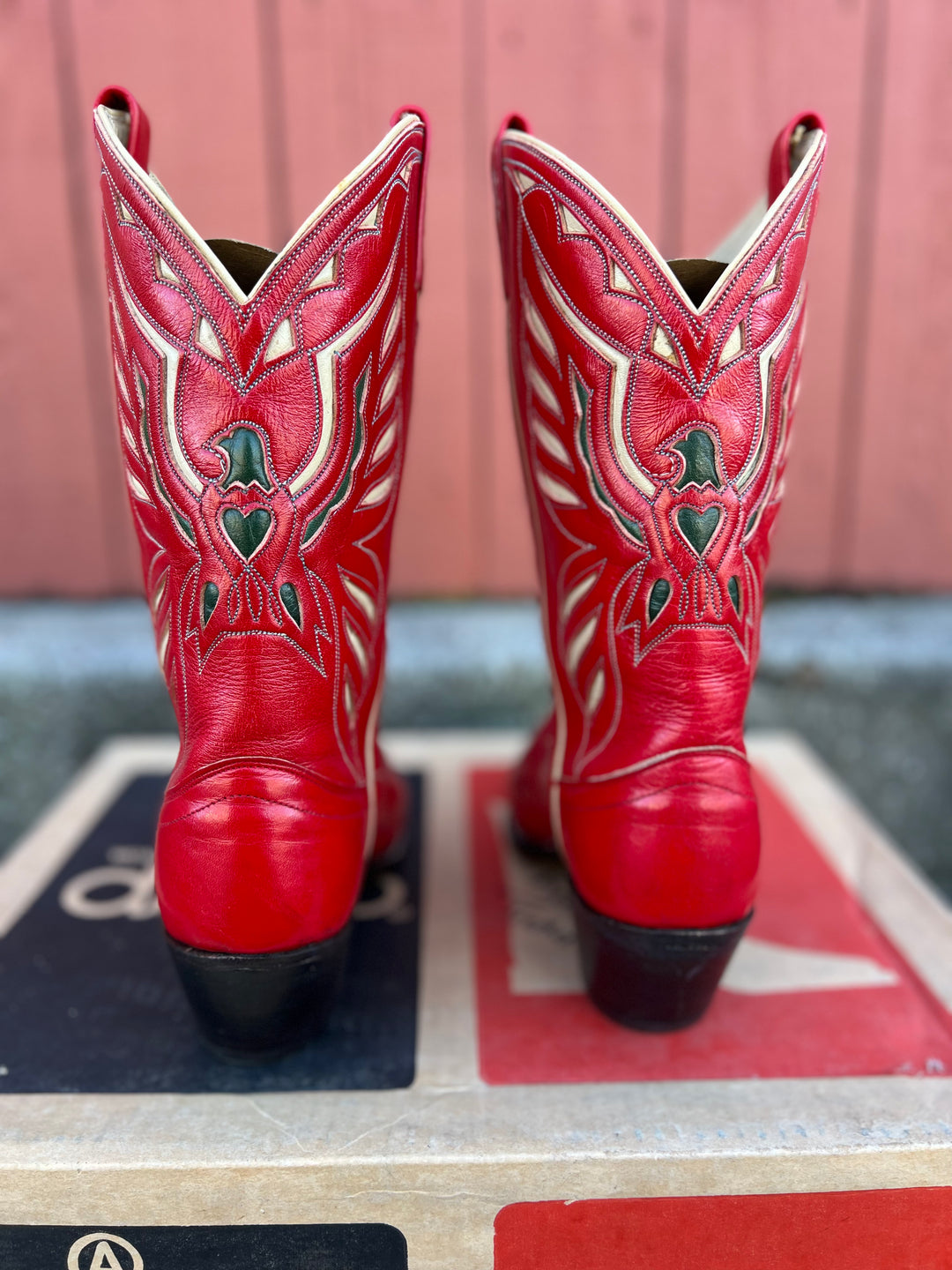 Vintage Red Western Cowboy Boots Thunderbird Inlay, Ralph Lauren